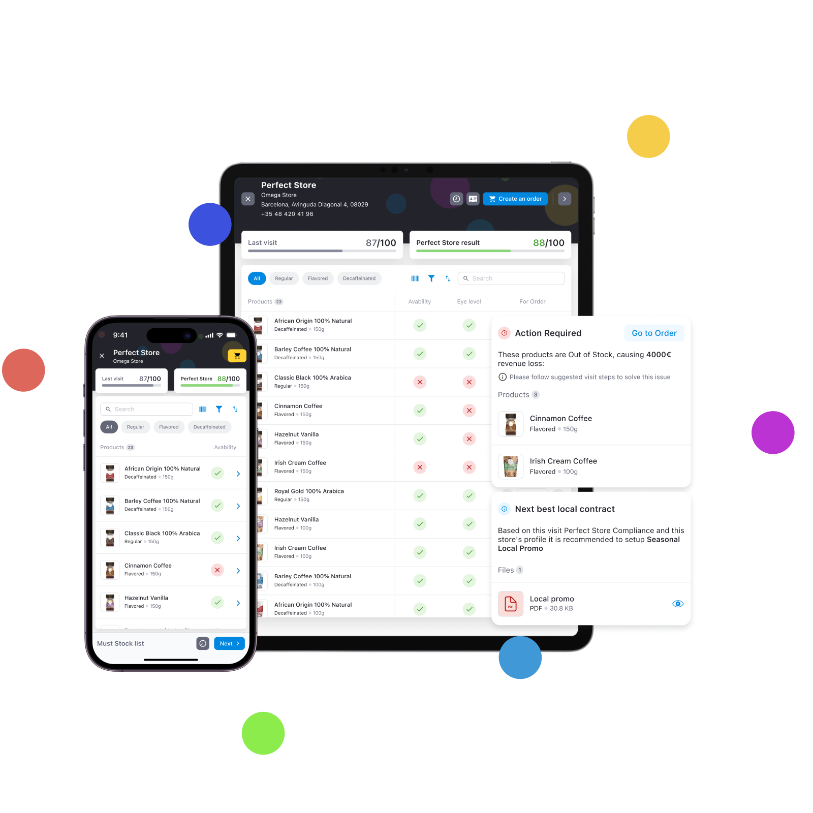 Perfect Store deployed on Mobile Touch (Sales & Retail Execution) &mdash; tablet view with Perfect Store Score, Action Required alerts and next-best-action recommendations; mobile view with per-product audit checklist