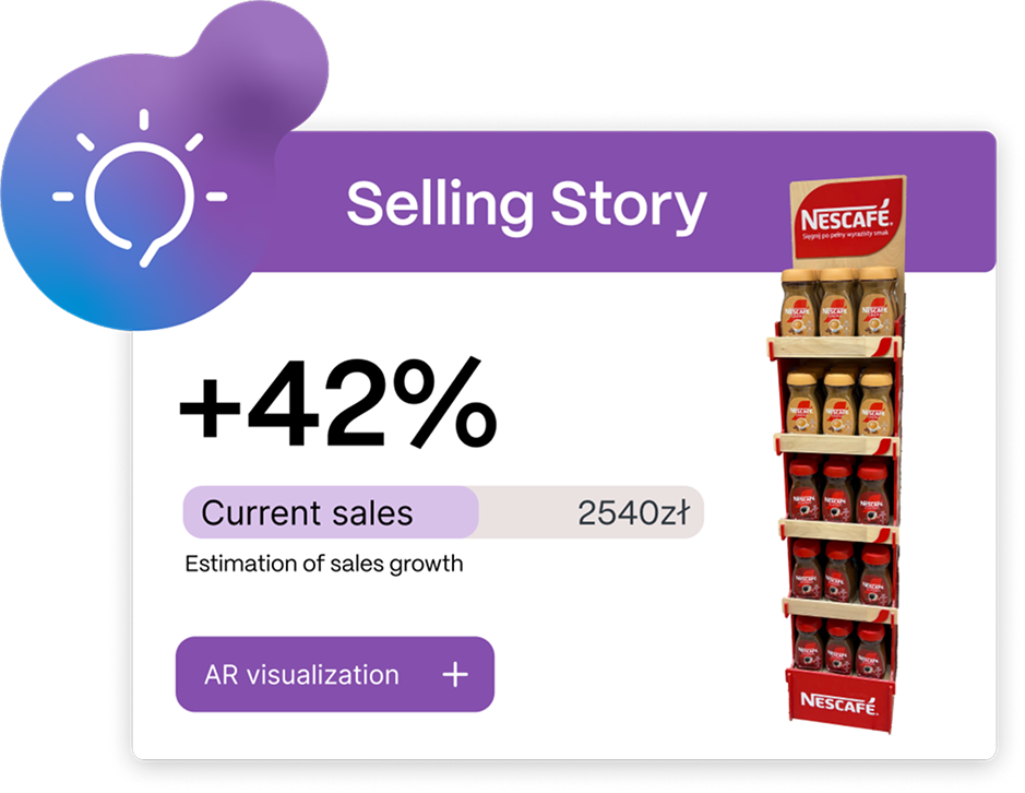 Selling Story: Sales increased by 42 percent. Current sales are 2540 zł. Includes Nescafé shelf display and option for AR visualization.