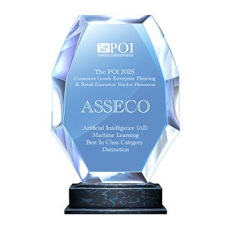 Award trophy for Asseco with POI 2025 Consumer Goods Enterprise Planning & Retail Execution Vendor Panorama — Artificial Intelligence (AI) / Machine Learning, Best-In-Class Category Distinction.