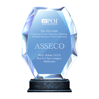 Award trophy for Asseco with POI 2025 Consumer Goods Enterprise Planning & Retail Execution Vendor Panorama — ReX Mobile UI/UX, Best-In-Class Category Distinction.