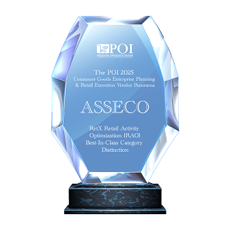 Award trophy for Asseco with POI 2025 Consumer Goods Enterprise Planning & Retail Execution Vendor Panorama — ReX Retail Activity Optimization (RAO), Best-In-Class Category Distinction.