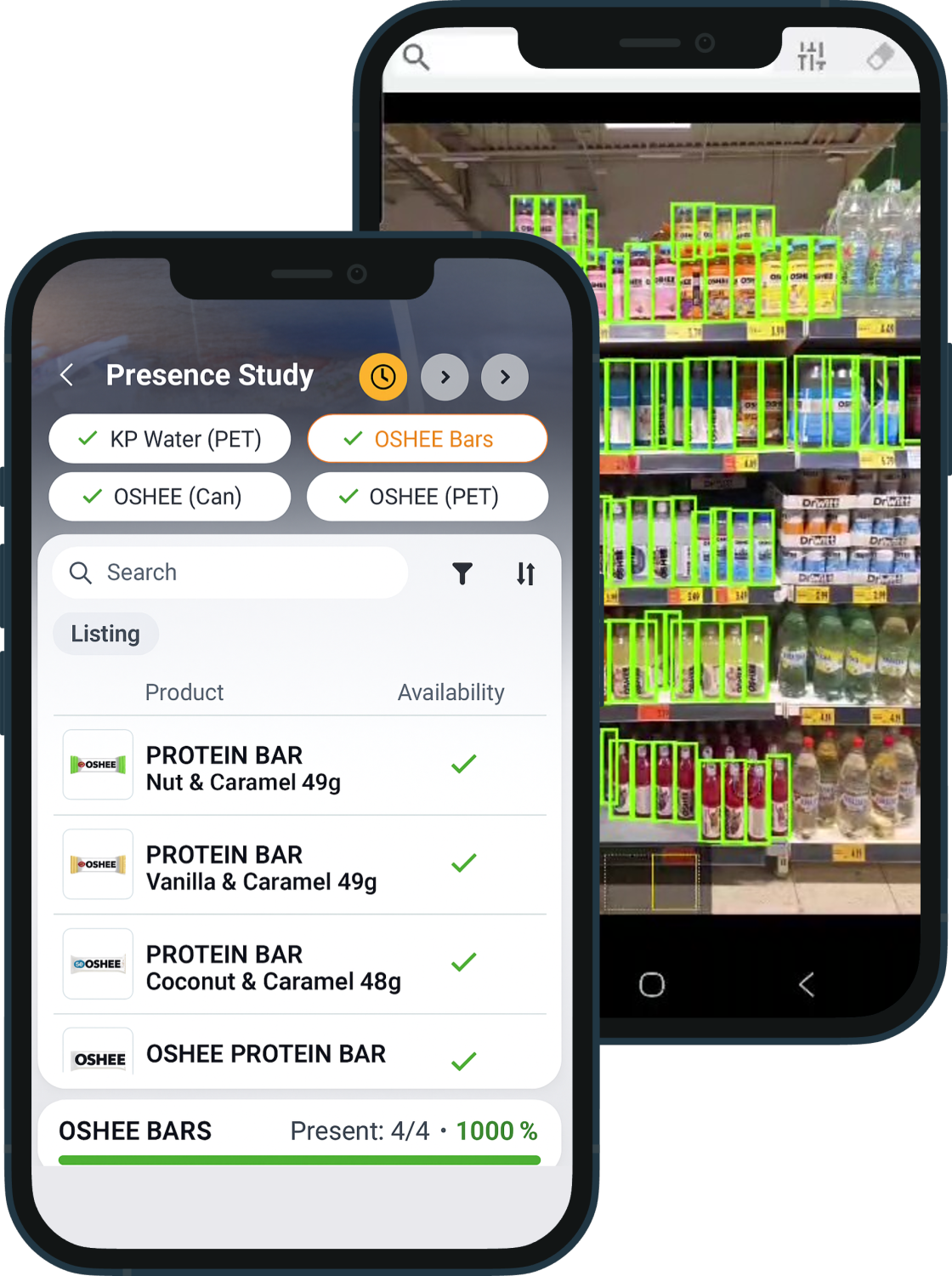 Retail Image Recognition &mdash; shelf photo with auto-detected SKUs, distribution status and facing share (Oshee beverages reference example)