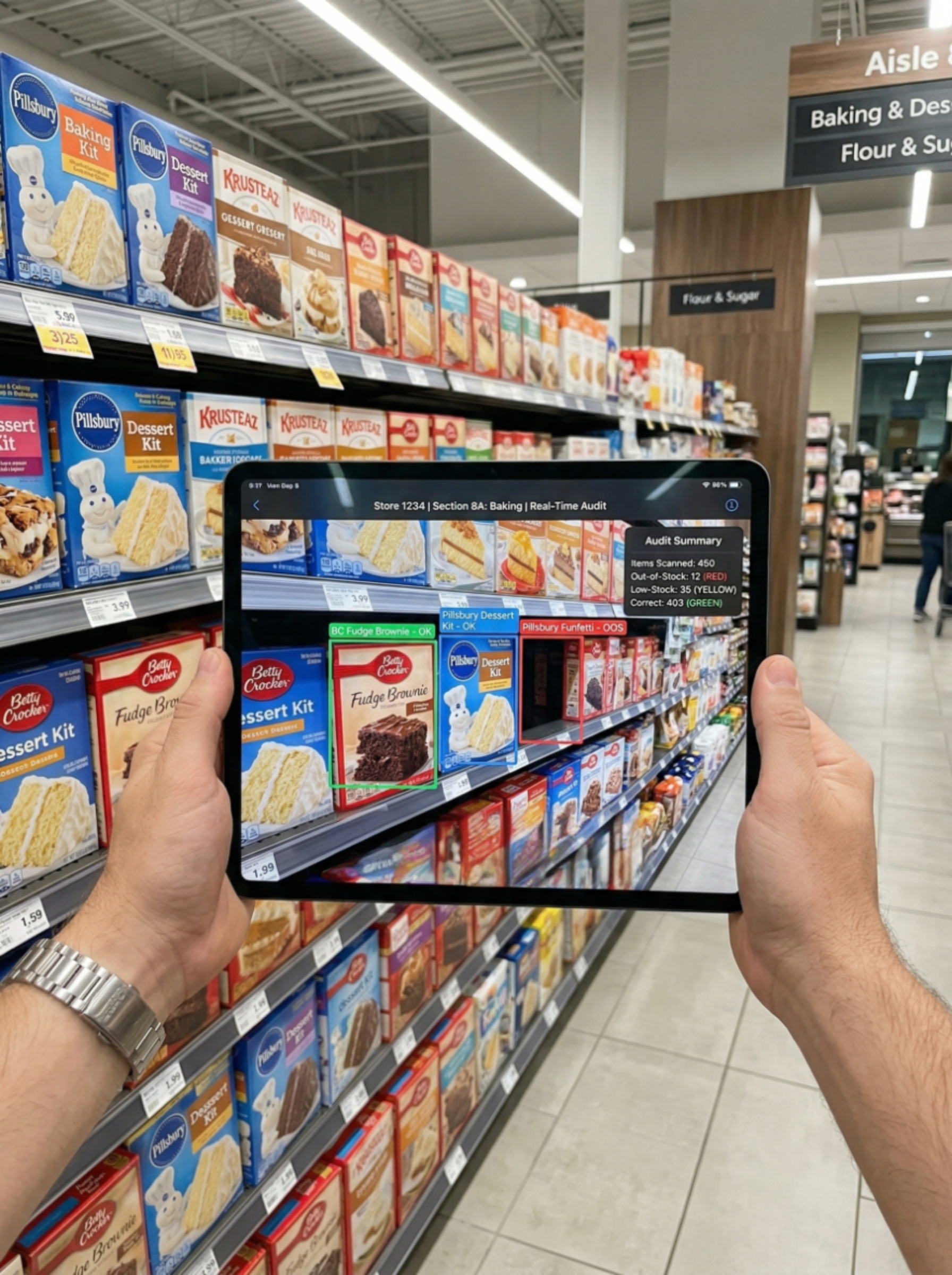 Skanowanie rozpoznawania półek oparte na AI, skanujące produkty piekarnicze w sklepie detalicznym