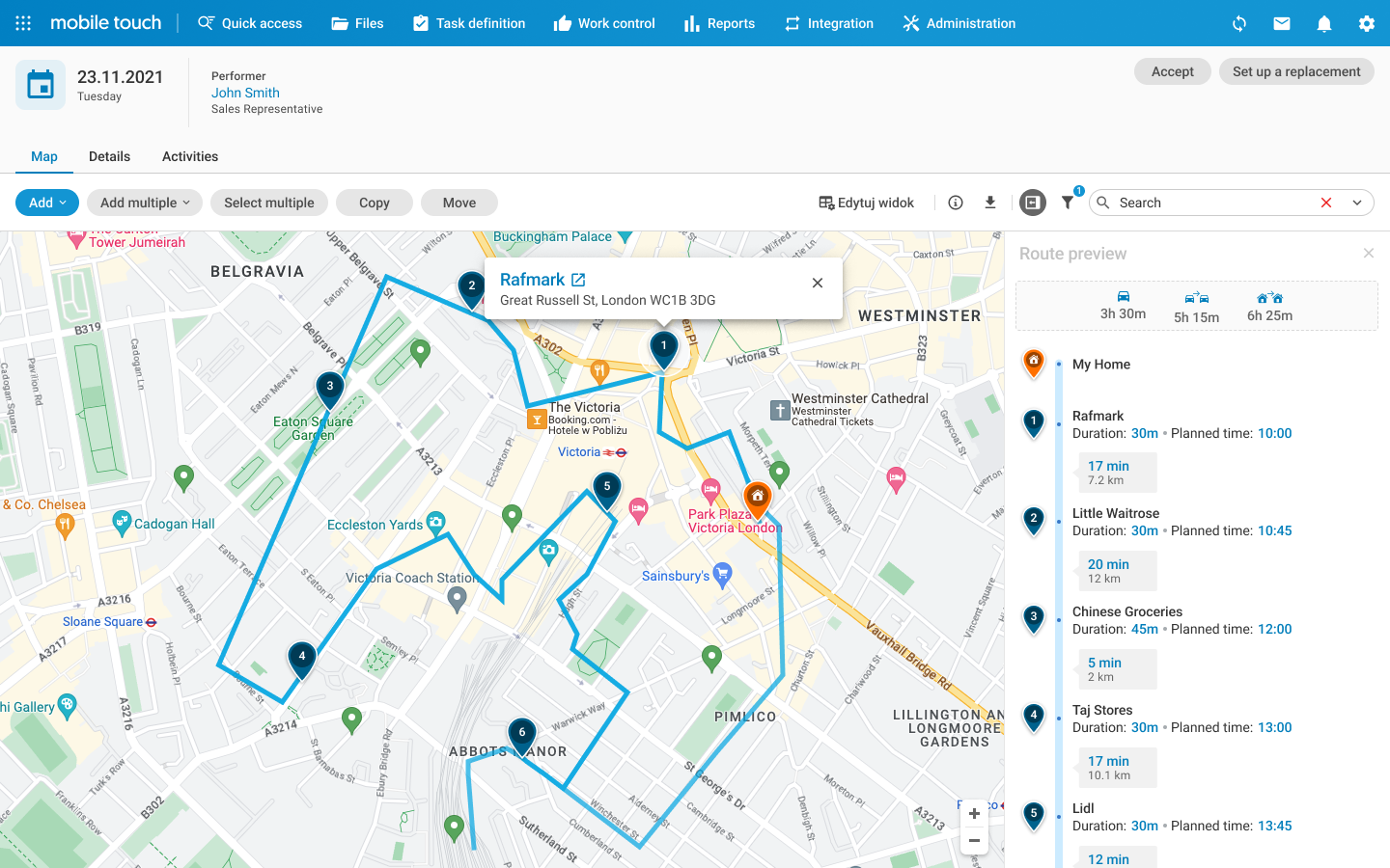 Dynamic Route Optimization back-office planner &mdash; map with optimized route and timed visit list totaling 3 hours 32 minutes