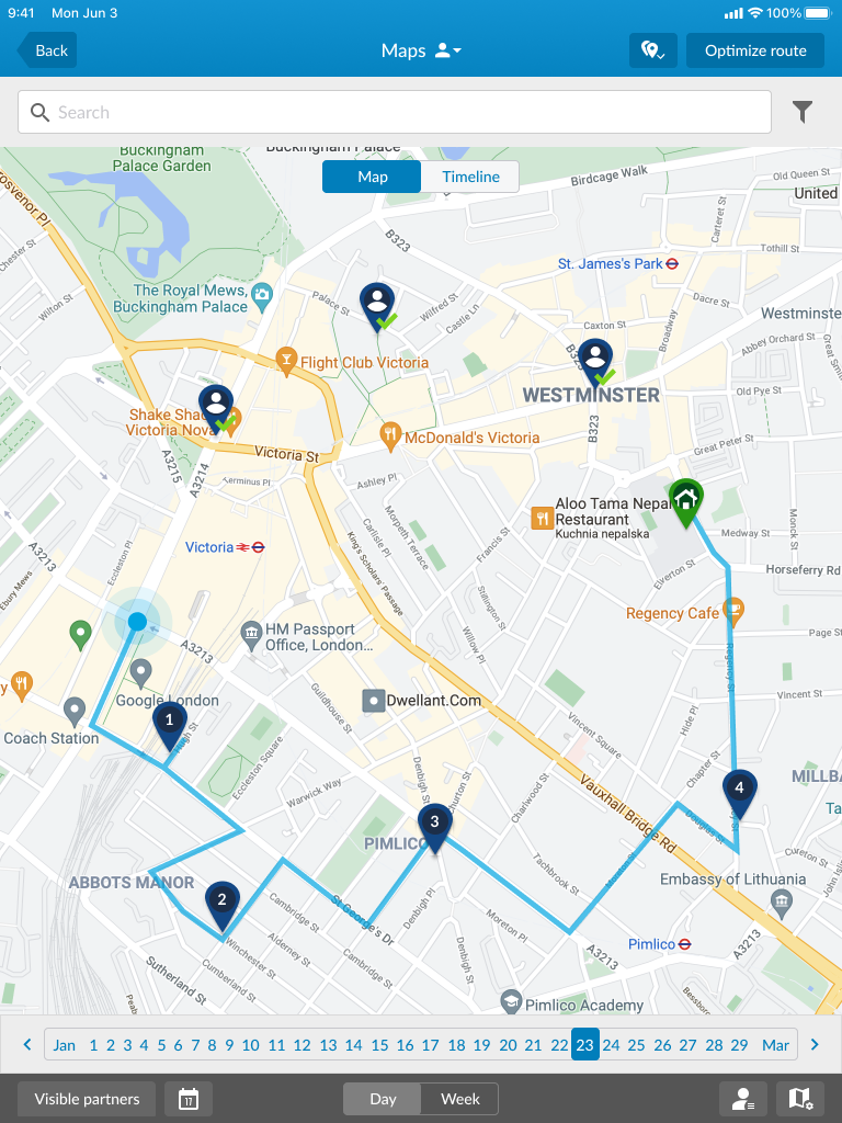Dynamic Route Optimization on Mobile Touch &mdash; optimized field sales route visualized on map with Optimize Route button