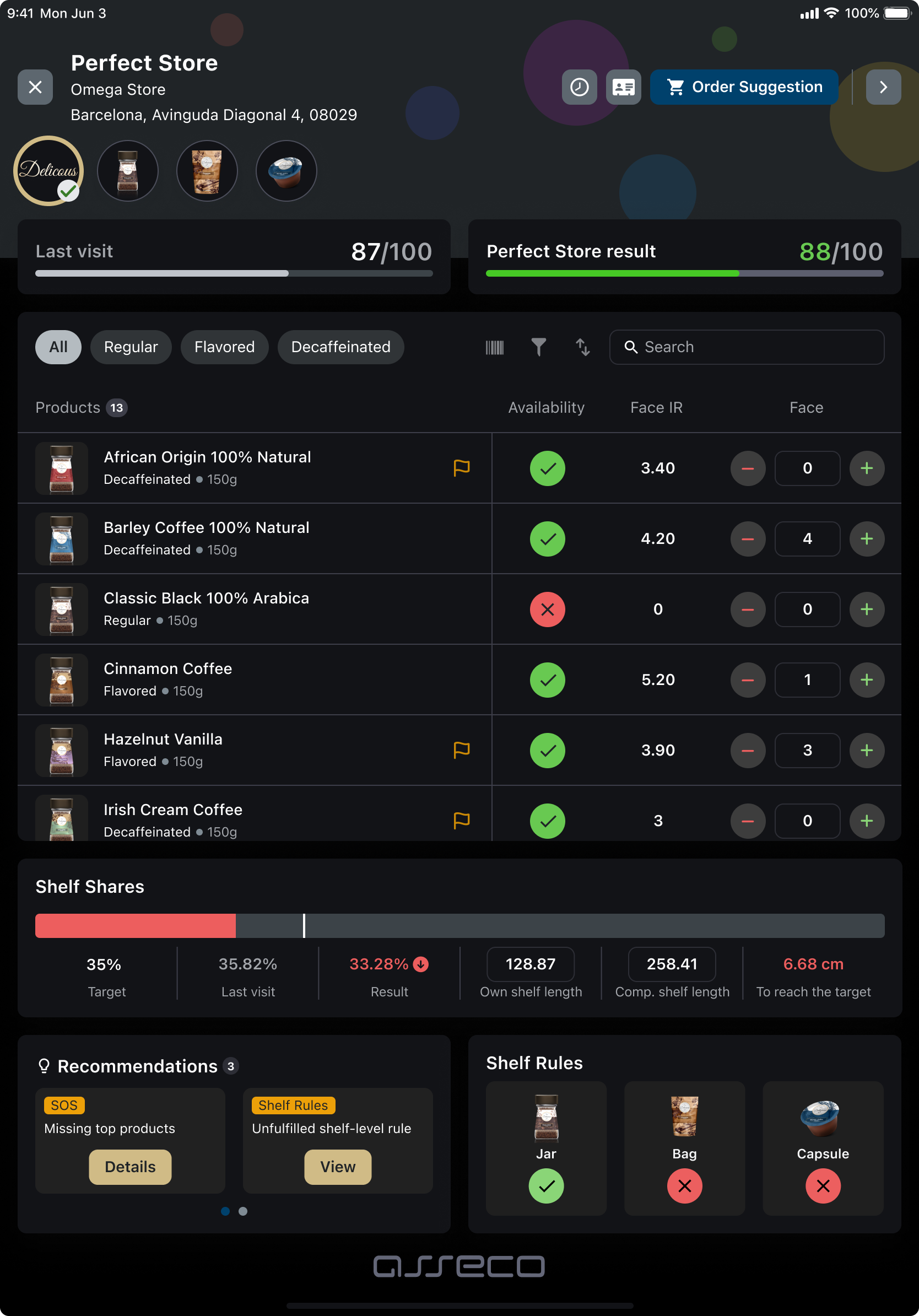 Mobile Touch field app &mdash; Perfect Store brand dashboard with KPI scoring and shelf execution overview
