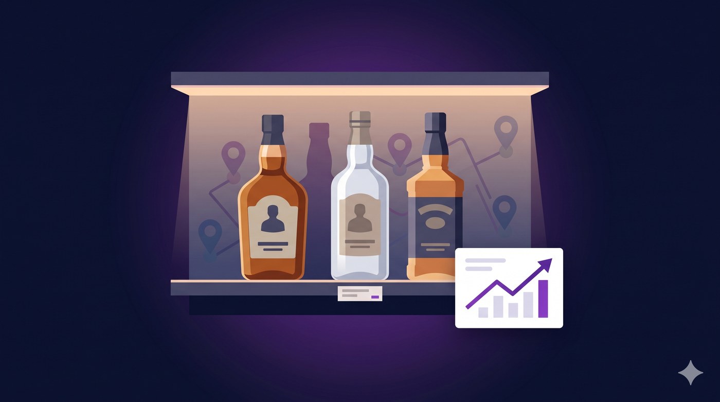 Generyczne butelki spirits na półce sklepowej z motywem realokacji wizyt i wykresem wzrostu sprzedaży