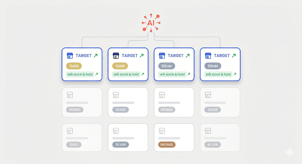 AI scores the distributor outlets and selects those most likely to stock and keep selling