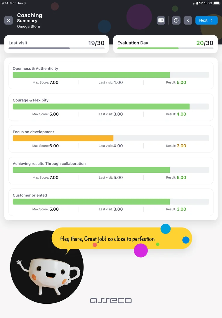 Coaching summary in Mobile Touch on iPad — a rep's competency scores against the last visit across openness, flexibility, development, collaboration and customer orientation