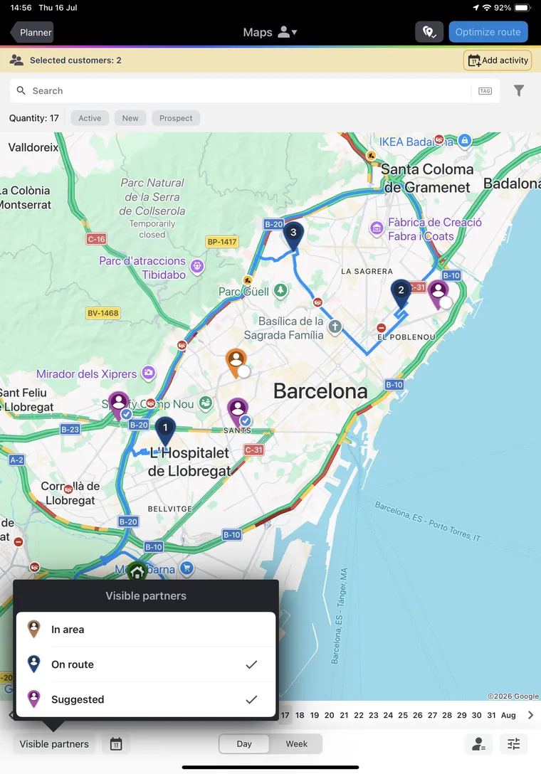 Route optimization in Mobile Touch — an optimised numbered route across Barcelona with suggested on-route stores