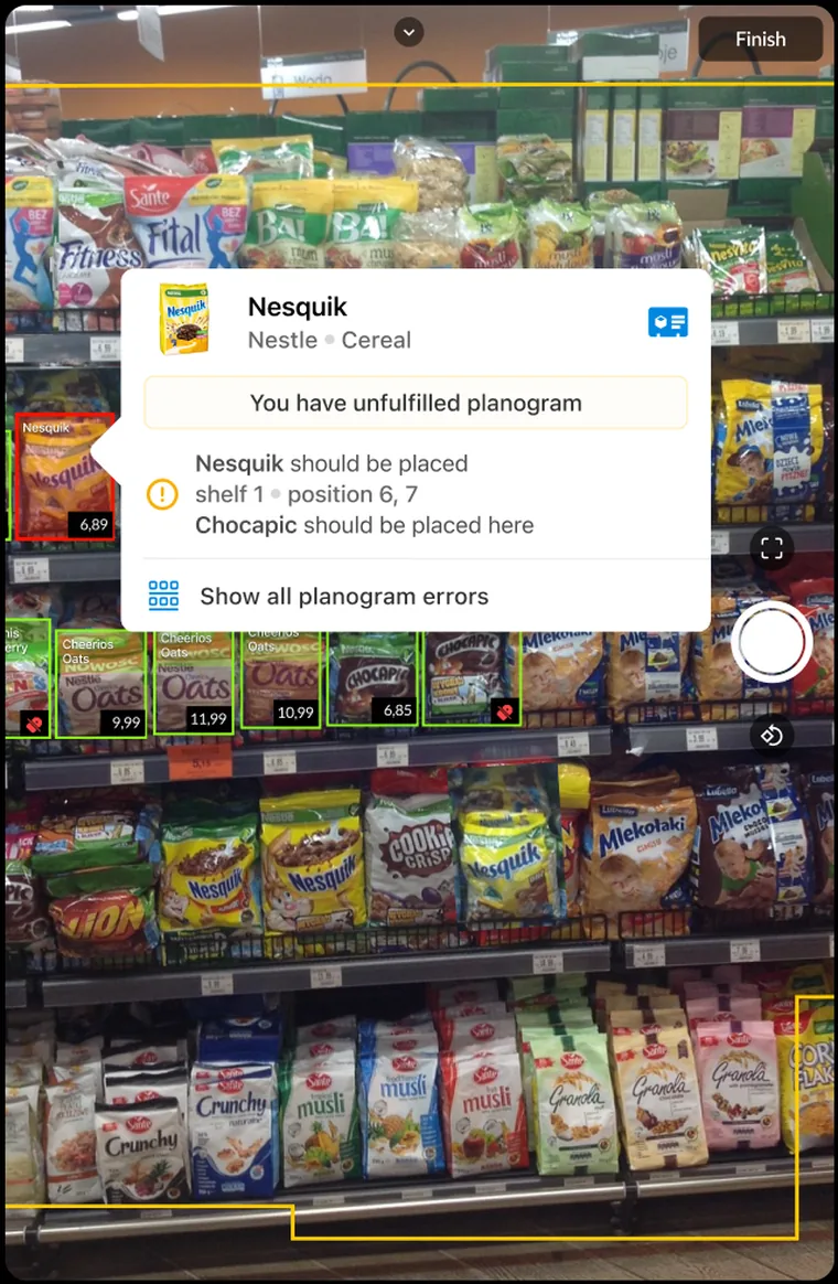 Retail image recognition in Mobile Touch on iPad — a shelf photo with products detected, prices read and a planogram-compliance alert