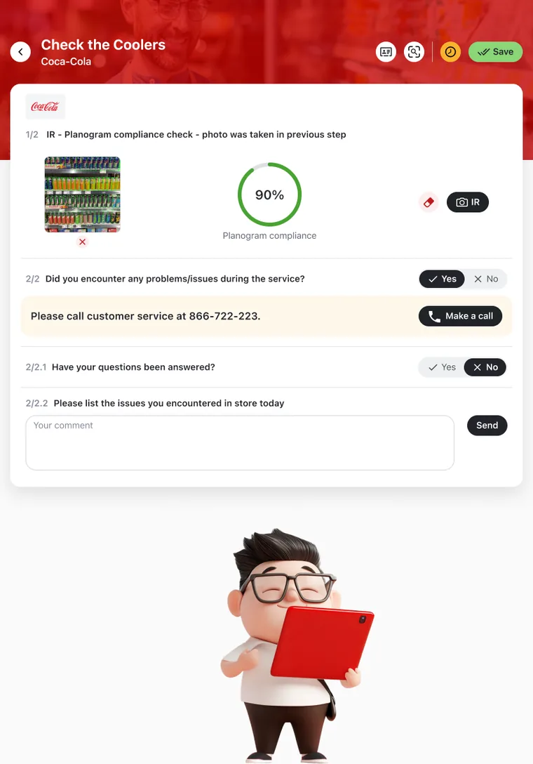In-store check in Mobile Touch on iPad — a configurable survey with conditional questions and an image-recognition planogram step