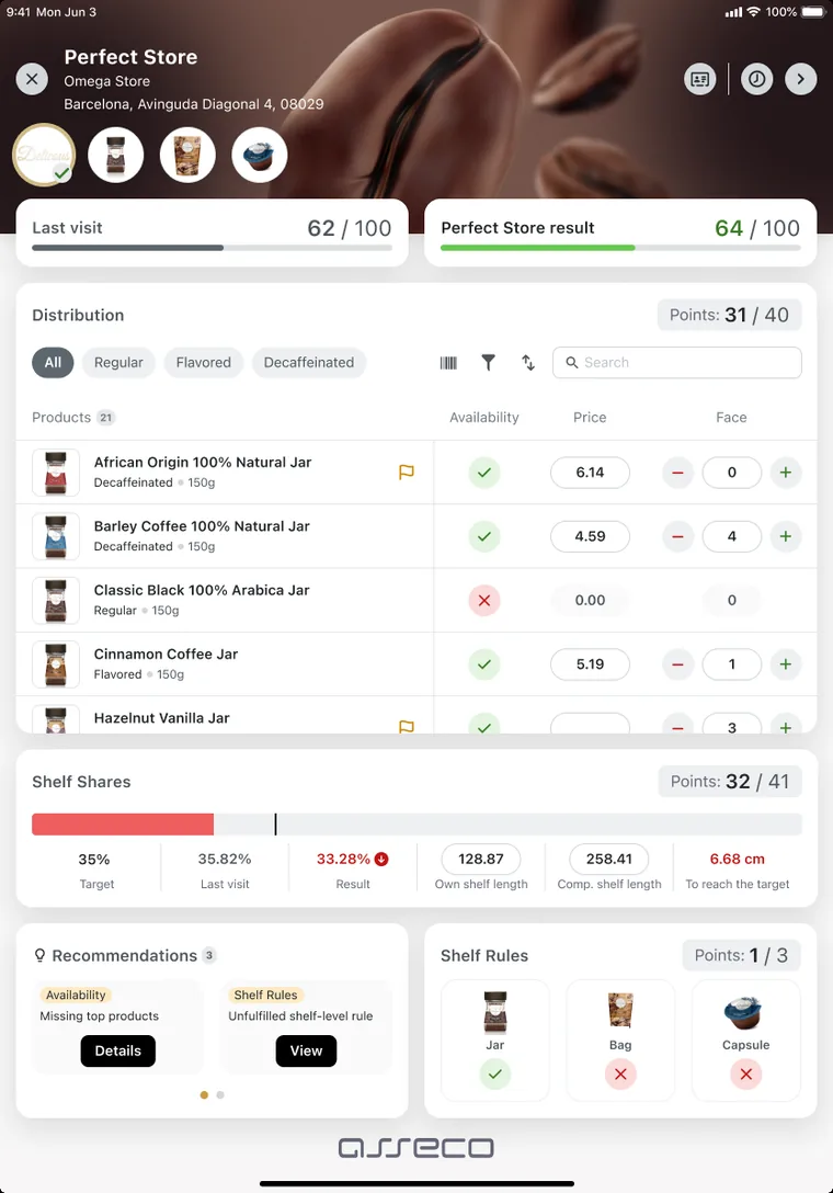Perfect Store audit in Mobile Touch on iPad — an objective store score with distribution, shelf share and shelf rules