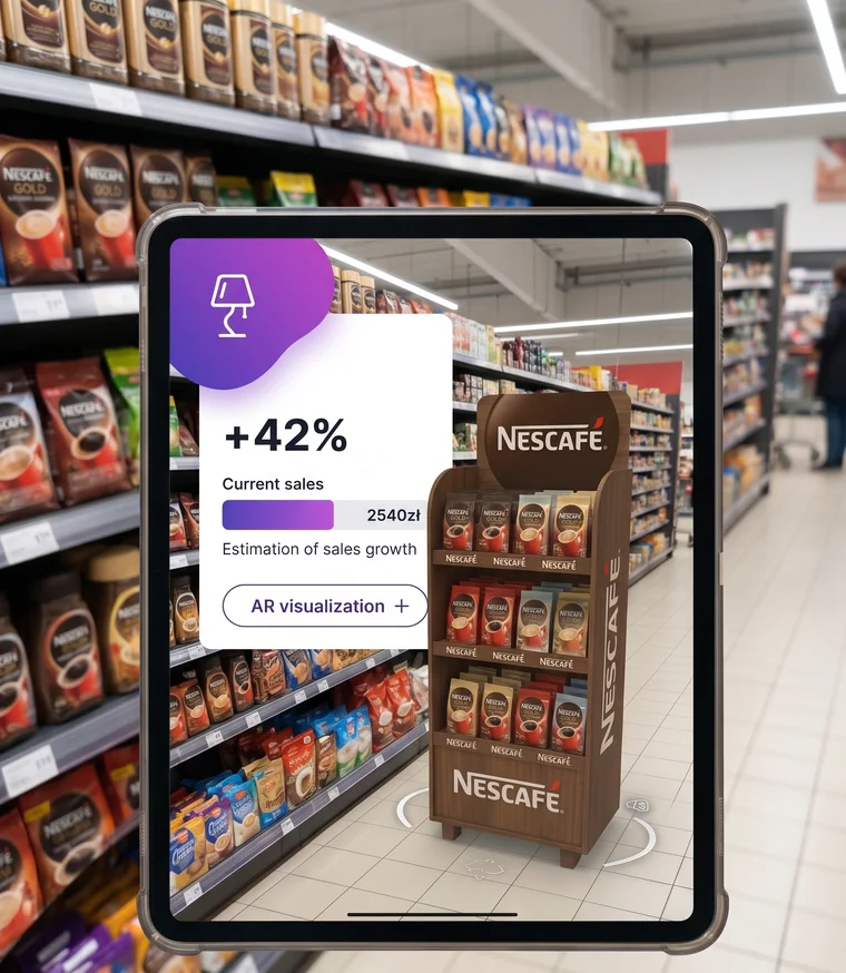 POS & display in Mobile Touch on iPad — an augmented-reality 3D display placed into a store aisle, with a projected sales uplift