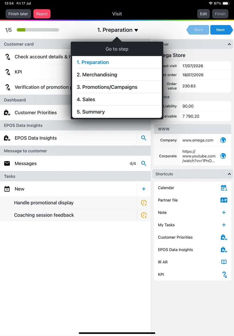 Mobile Touch visit on iPad — the five-step visit flow with customer card, KPIs and tasks