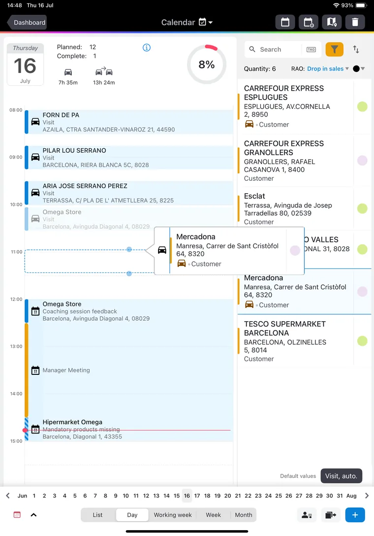 Mobile Touch visit planning calendar on iPad — the day planned by cadence, with RAO priorities