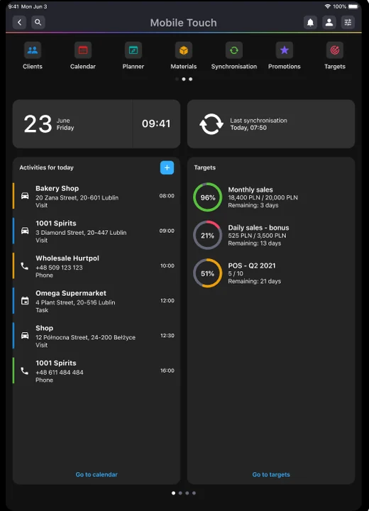 Mobile Touch on iPad — the field app home with today's visits and live targets