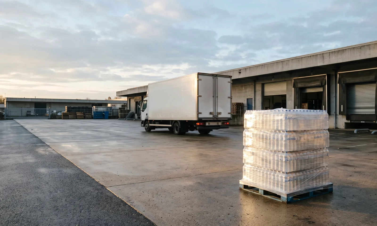 Distribution depot loading bay at first light, a wrapped pallet of bottled water left on the apron as a plain delivery truck pulls away