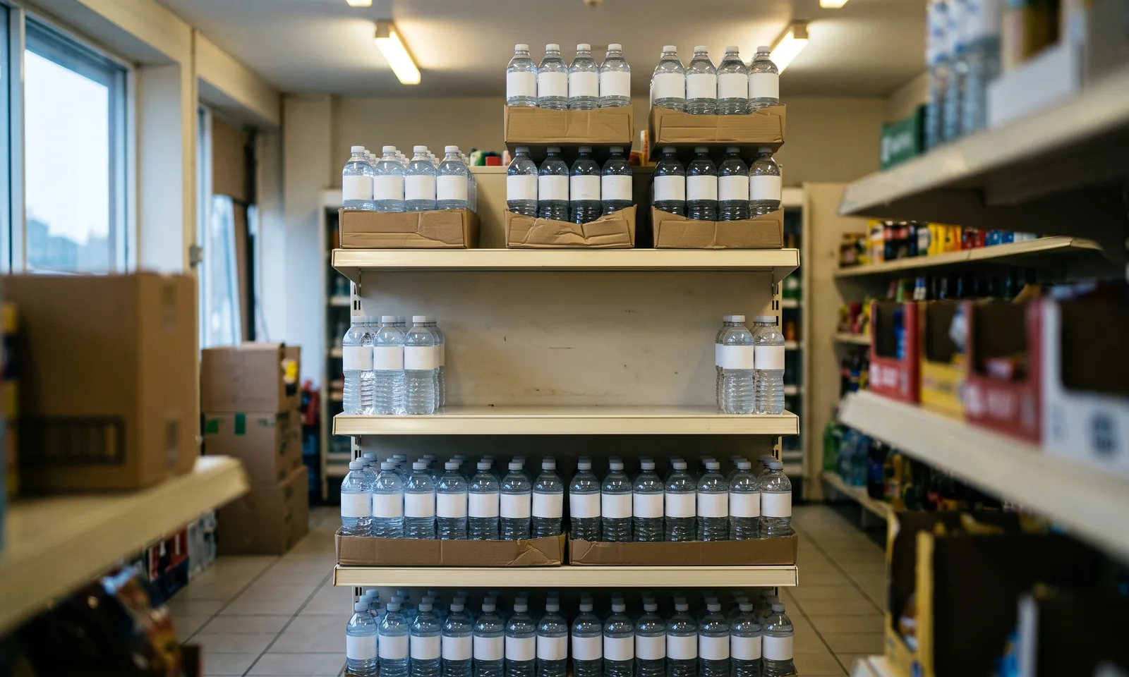 Shelf of bottled water in a small independent shop before opening, with one section of the middle shelf empty
