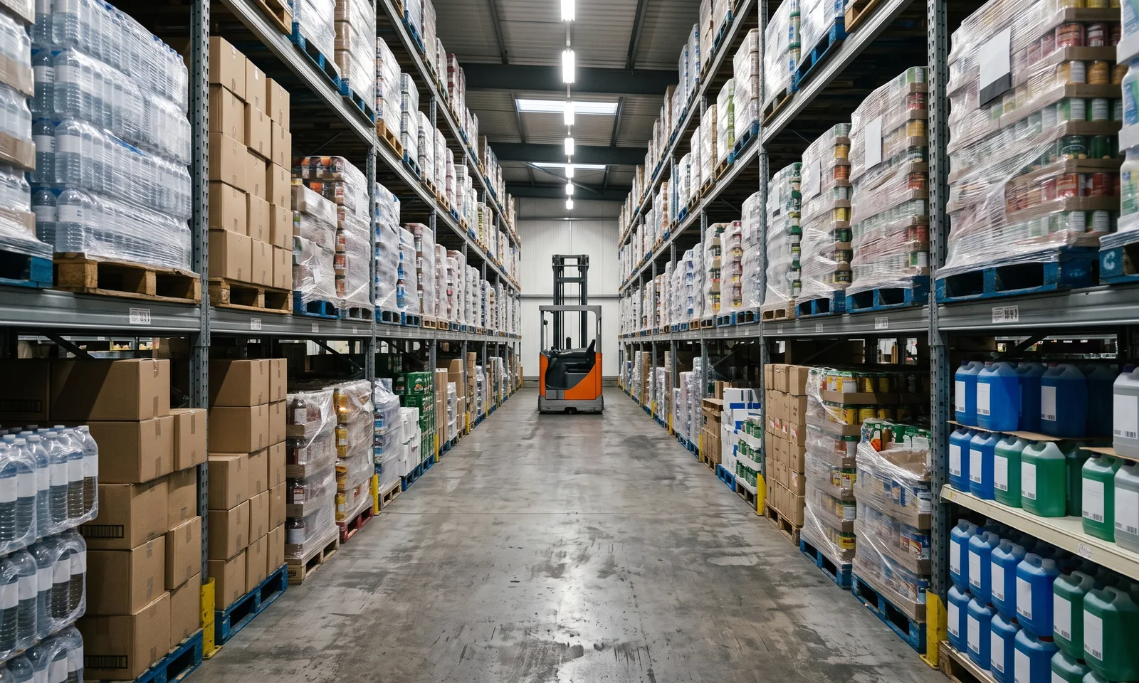 Aisle in an independent wholesale warehouse with mixed pallets of assorted grocery goods on steel racking