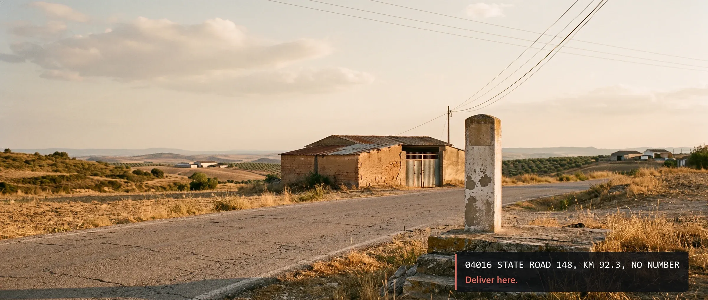 An empty regional road with a concrete kilometre marker post and a single farm building
