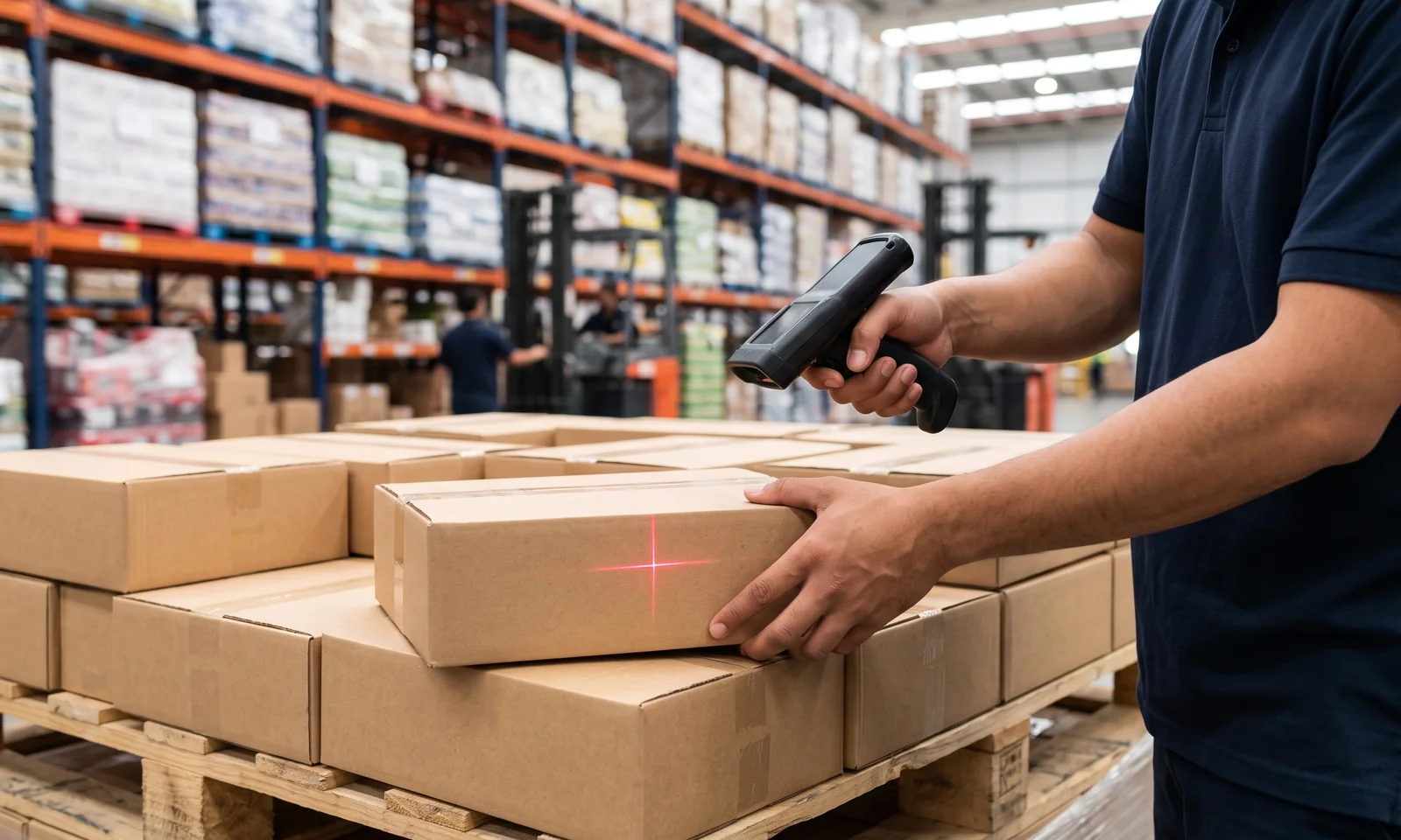 A warehouse operative scanning a plain corrugated case on a pallet in the picking aisle of a wholesale distribution centre