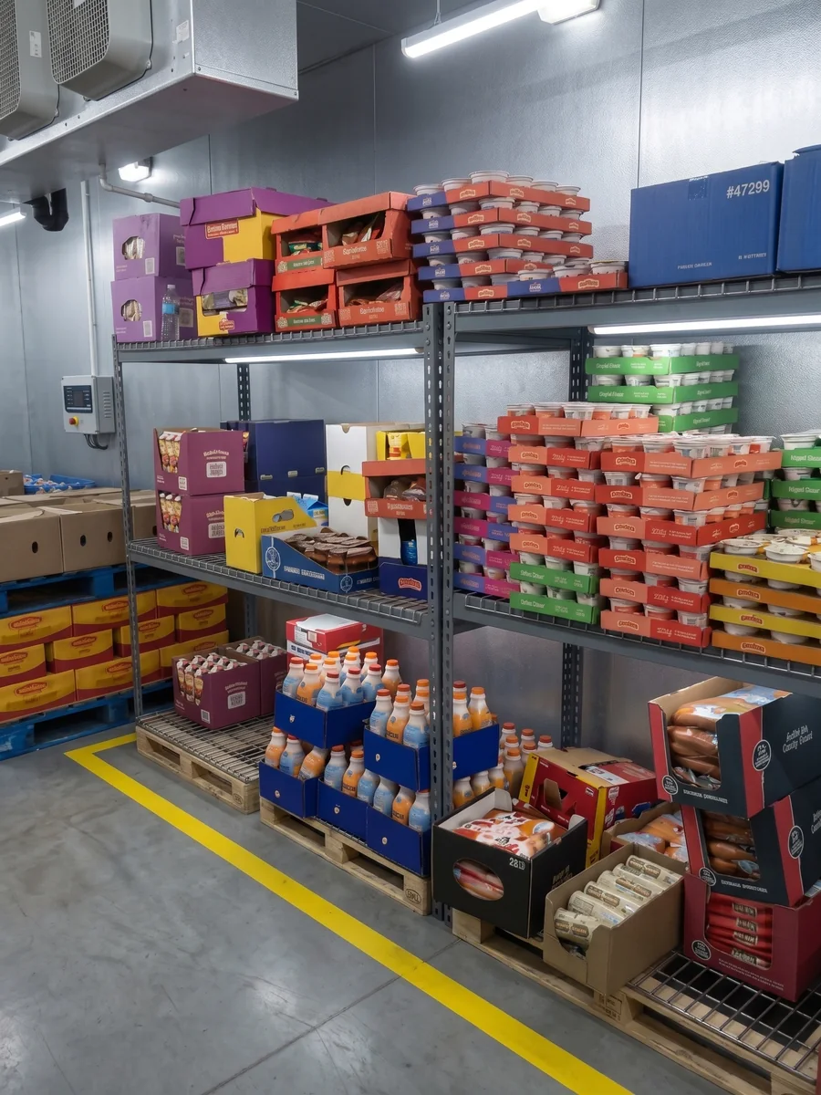 Chilled storage room at a distributor, steel shelving stacked with cases of dairy, juices and chilled products, pallets on the floor and a yellow floor marking line