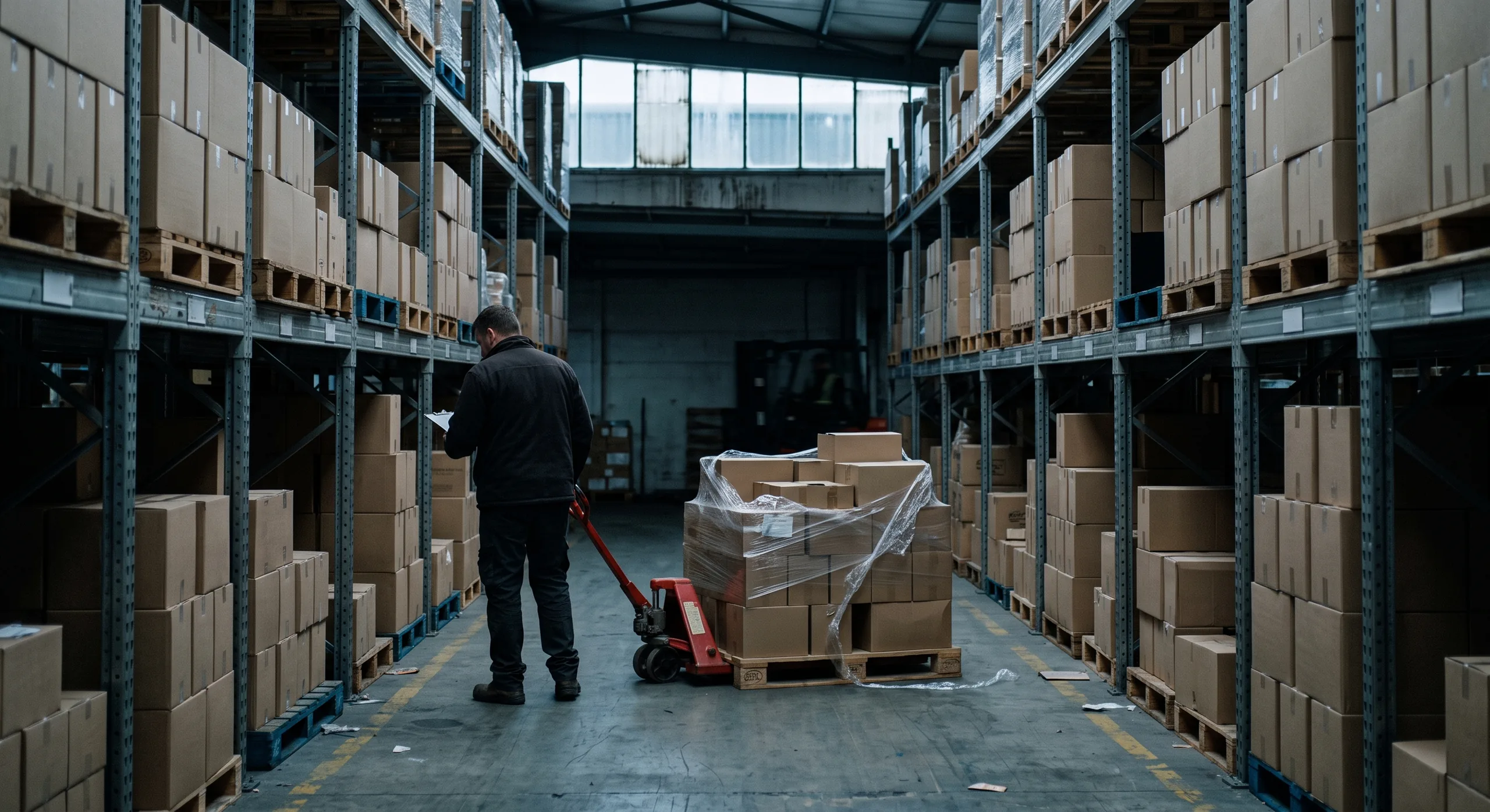 Wide aisle of a wholesale warehouse, pallet racking full of plain cardboard cases on both sides, a worker with a clipboard beside a pallet truck carrying a part-wrapped pallet