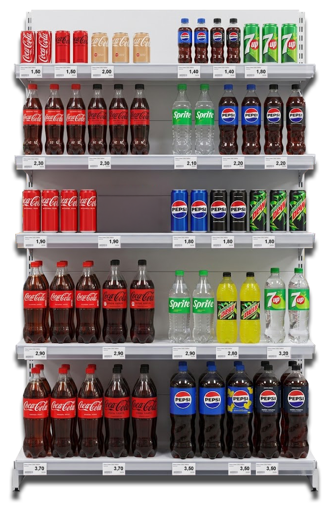 One beverage shelving bay in a small store, seen straight on, with an empty gap and two products in the wrong block