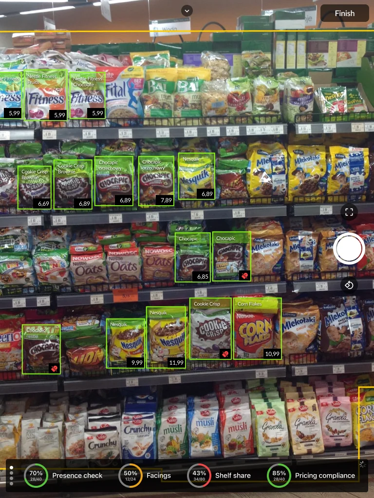 In der App: Cerealienregal, erkannte Produkte in grünen Rahmen, Preise, Verfügbarkeit, Facings, Share of Shelf, Preistreue