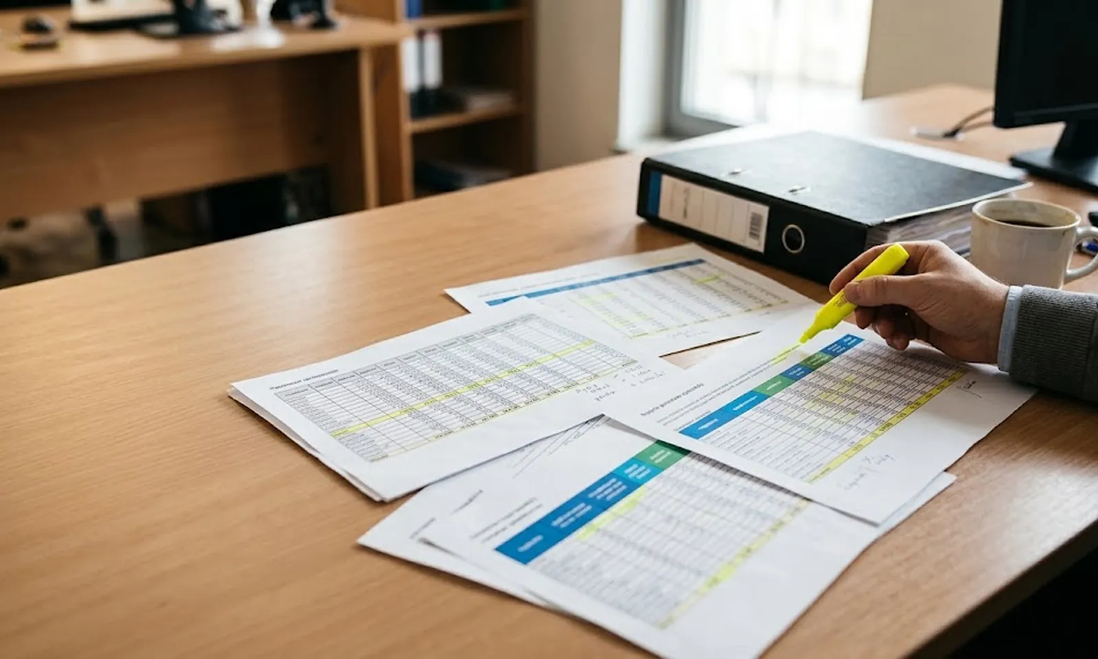 Office desk with printed distributor sales reports in different layouts, a hand marking one of them with a yellow highlighter, a binder and a cup of coffee
