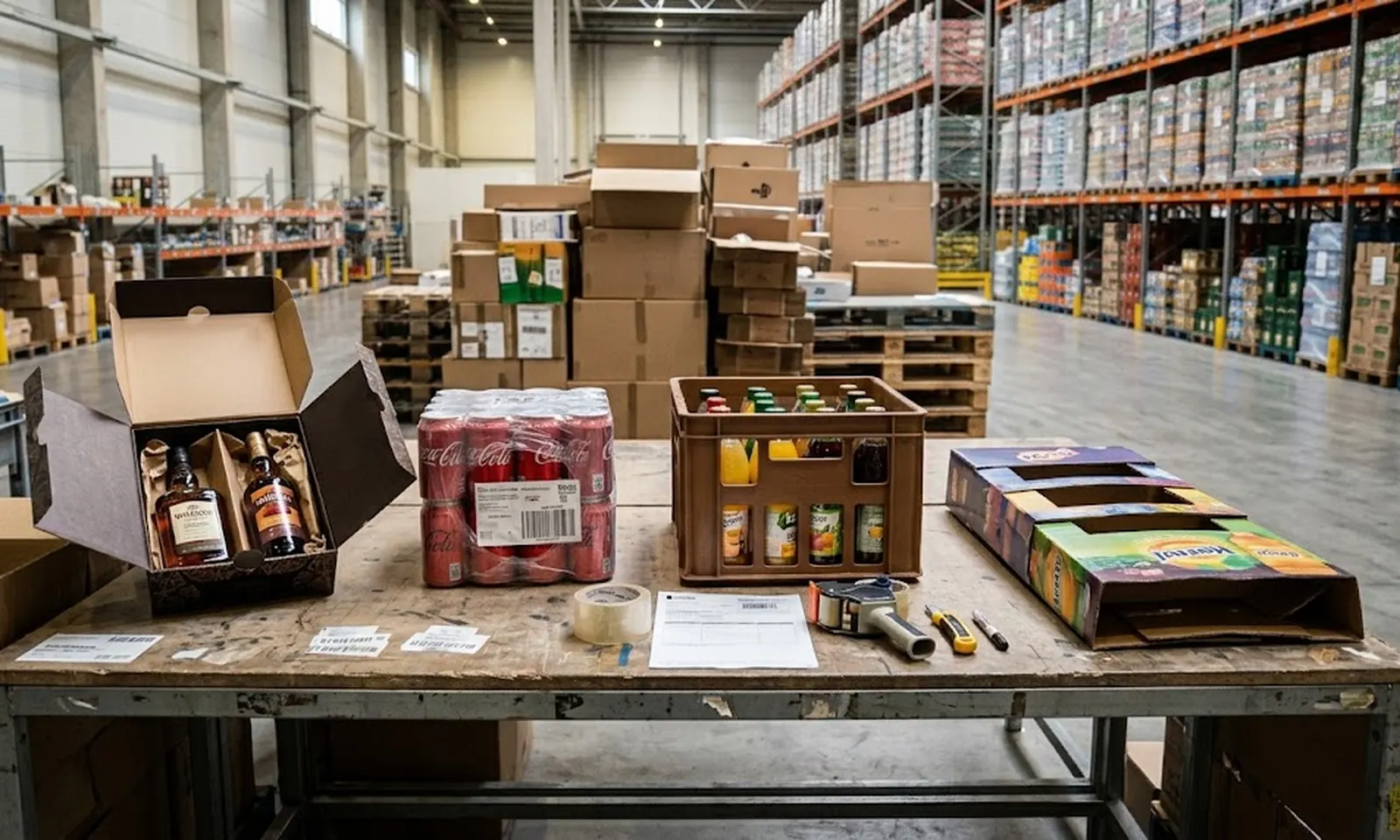 Packtisch im Lager: Geschenkkarton mit zwei Spirituosenflaschen, Dosen-Multipack, gemischte Flaschenkiste, Kartondisplay