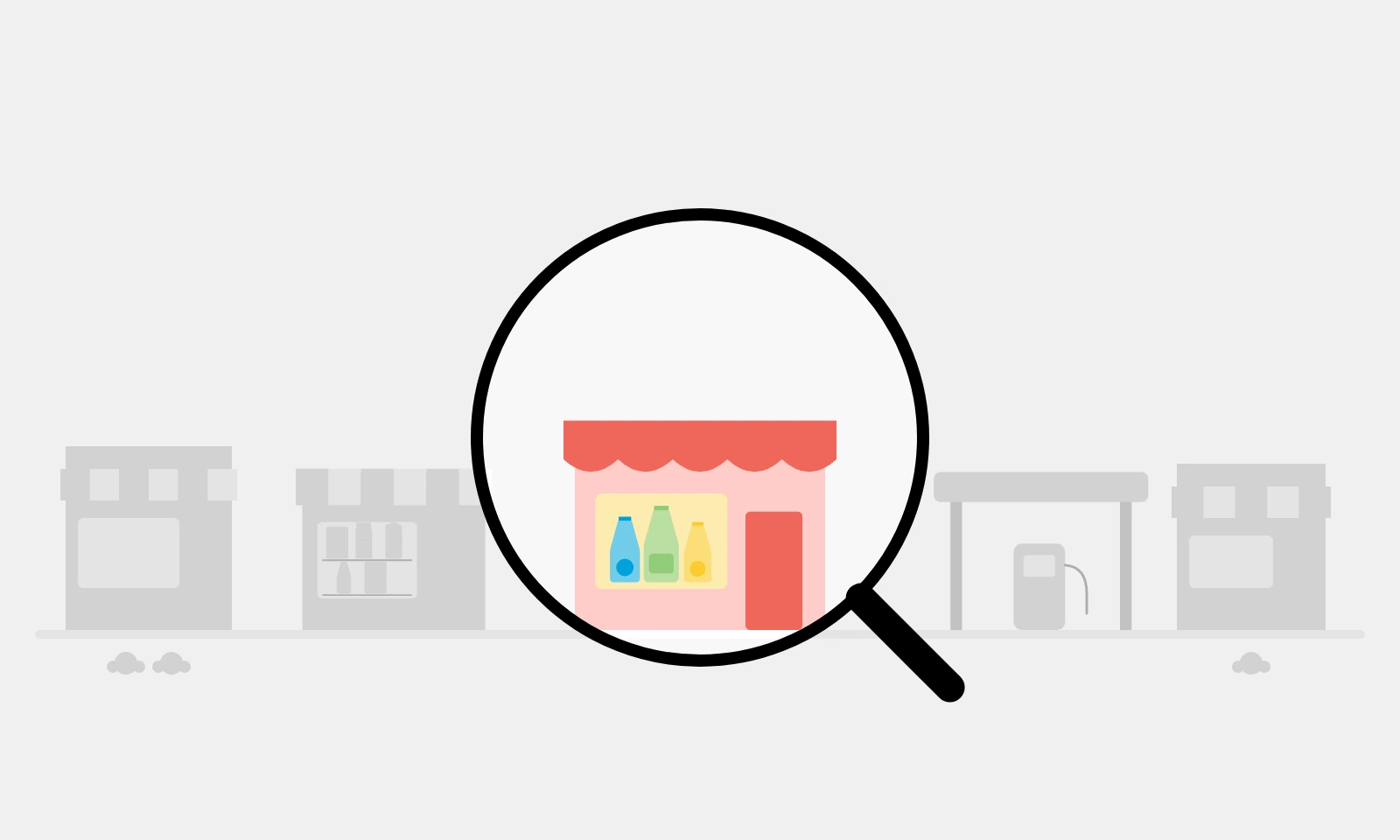 Illustration of a street of grey shops and a petrol station, with a magnifying glass picking out one bar with bottles in its window